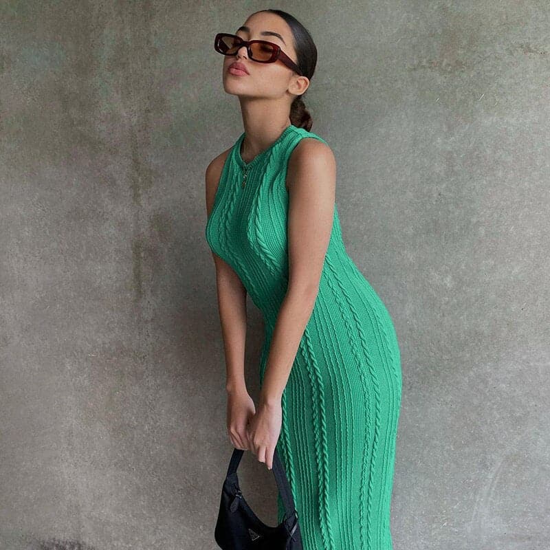 Cable Knit Sleeveless High Neck Braid Weave Bodycon Midi Dress