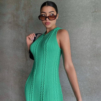 Cable Knit Sleeveless High Neck Braid Weave Bodycon Midi Dress