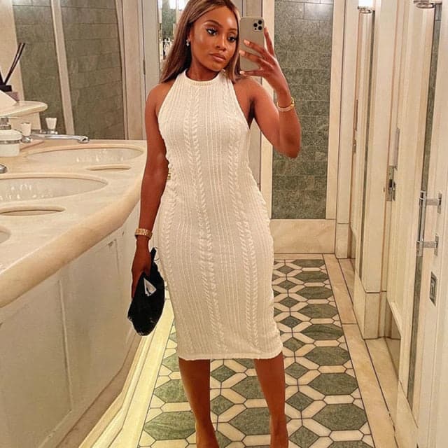 Cable Knit Sleeveless High Neck Braid Weave Bodycon Midi Dress