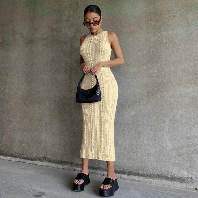 Cable Knit Sleeveless High Neck Braid Weave Bodycon Midi Dress