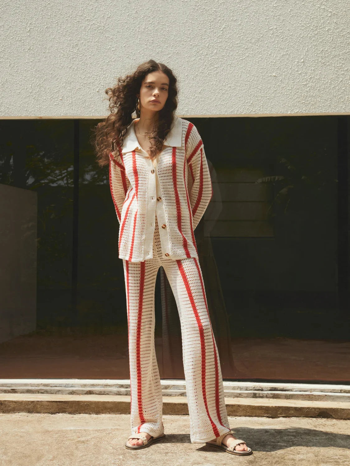 Puglia Stripe Crochet Long Modern Sleeve Two Piece Pants Set