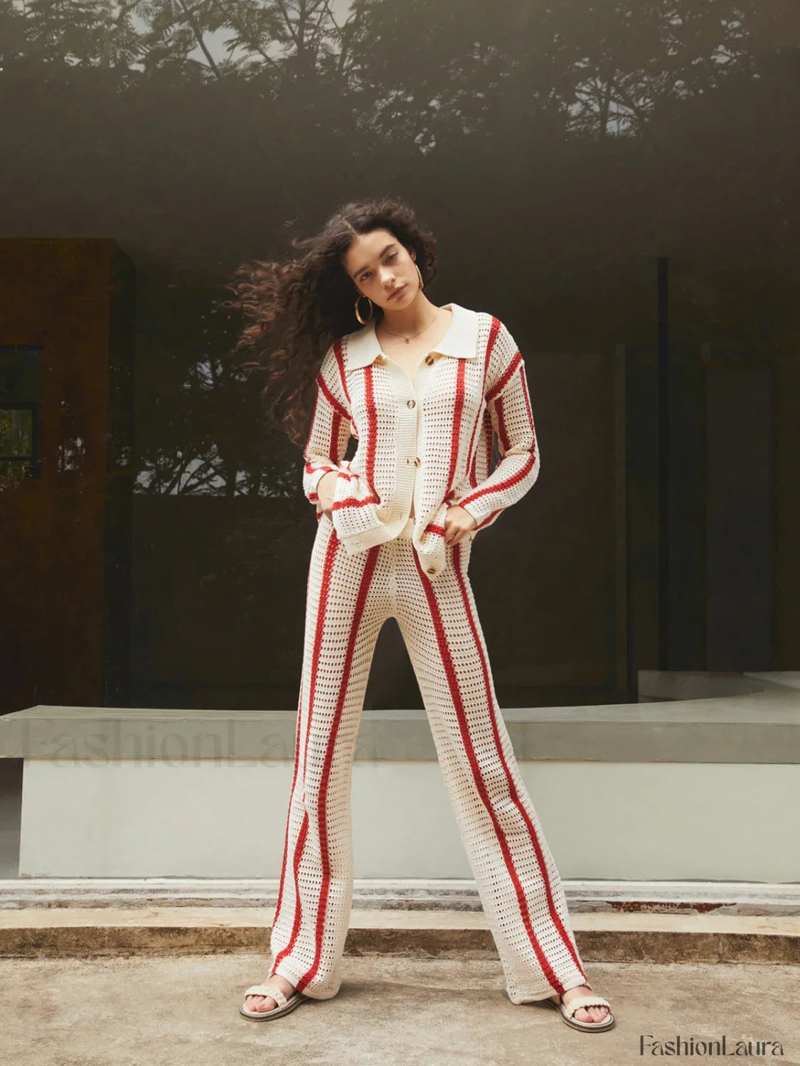 Puglia Stripe Crochet Long Modern Sleeve Two Piece Pants Set