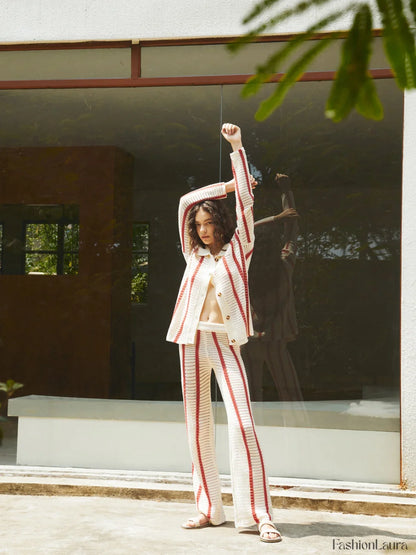 Puglia Stripe Crochet Long Modern Sleeve Two Piece Pants Set