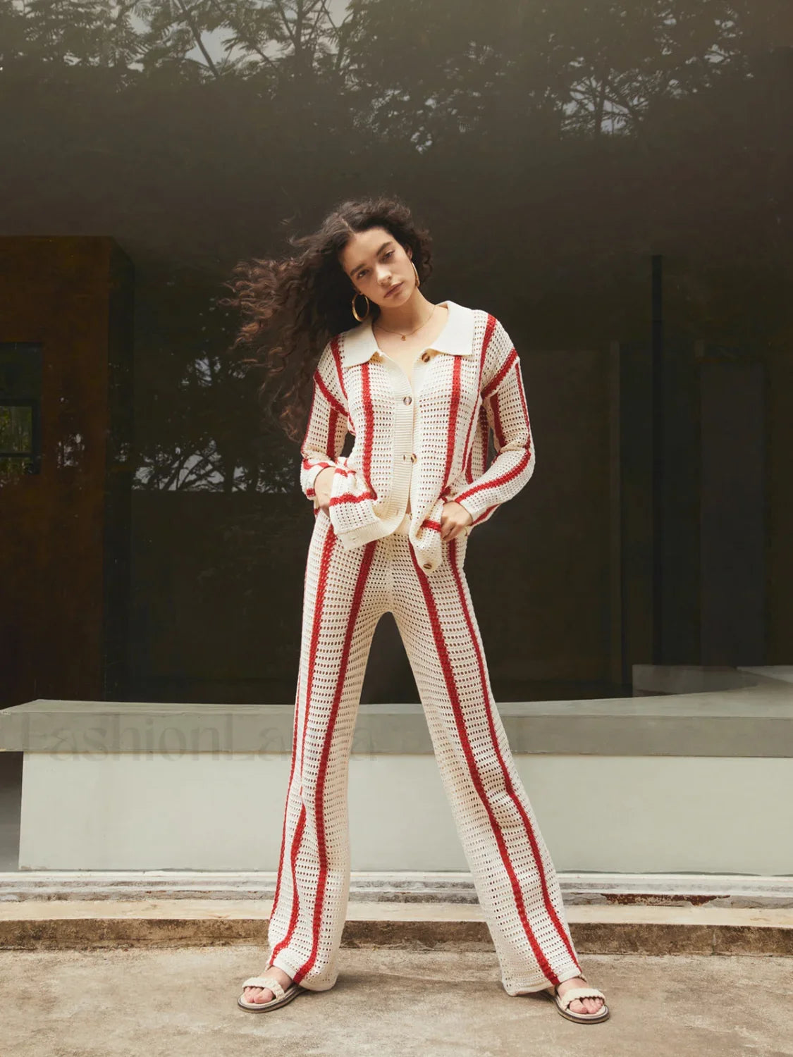 Puglia Stripe Crochet Long Modern Sleeve Two Piece Pants Set