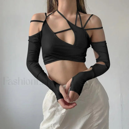 Punk Y2K Gothic Slim Fit Hollow Out Long Sleeve T-shirt Crop Top