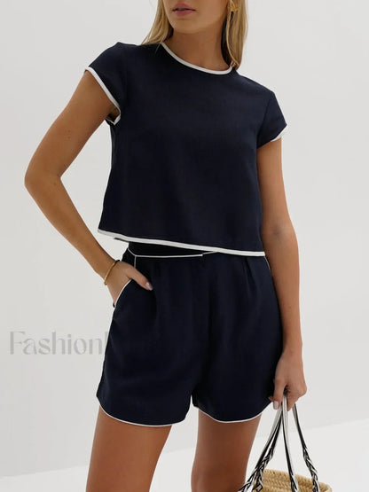 Pure Cotton Contrast Trim Shorts Set