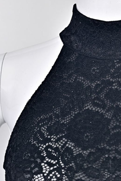 Classic Black Lace Overlay High Neck Sleeveless Bandage Mini Dress