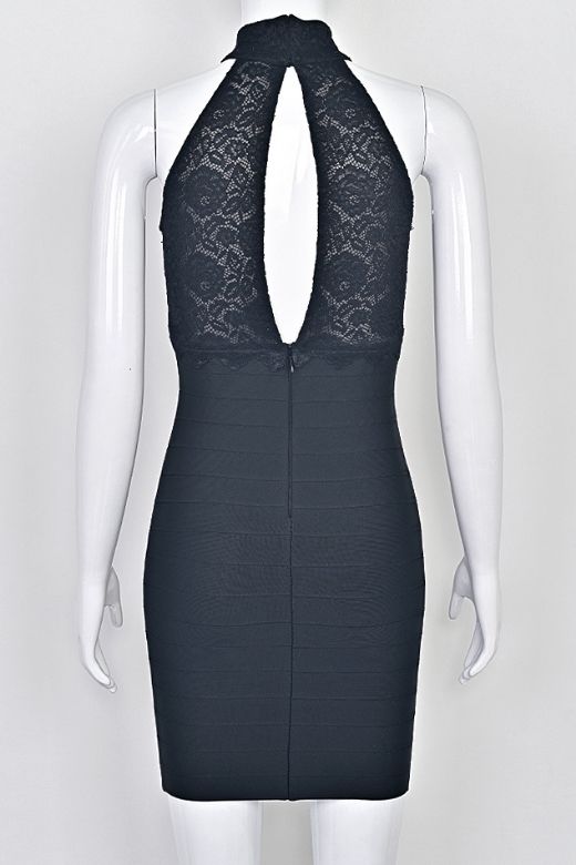 Classic Black Lace Halter Neck Bandage Skirt Bodycon Mini Cocktail Dress