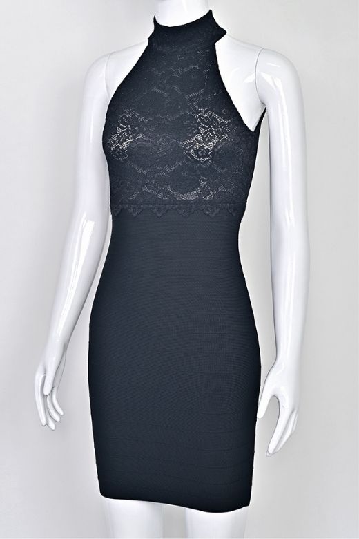 Classic Black Lace Overlay High Neck Sleeveless Bandage Mini Dress