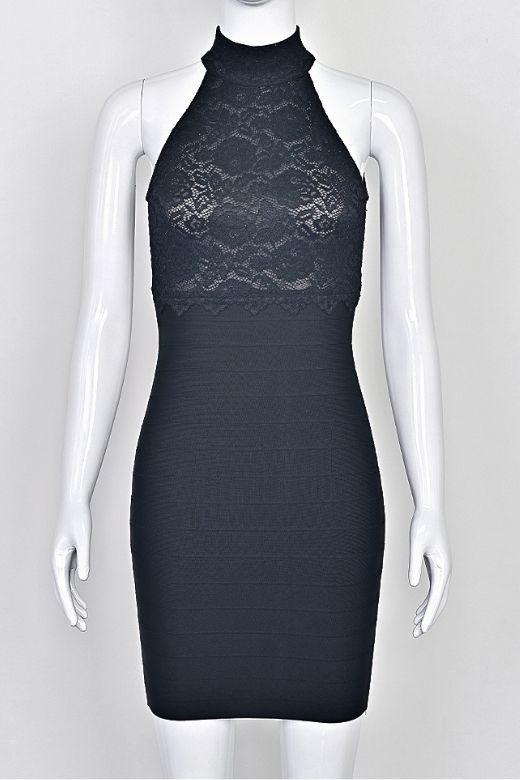 Classic Black Lace Halter Neck Bandage Skirt Bodycon Mini Cocktail Dress