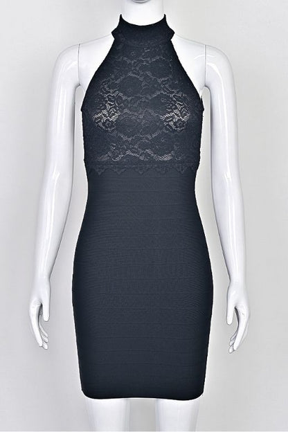Classic Black Lace Halter Neck Bandage Skirt Bodycon Mini Cocktail Dress