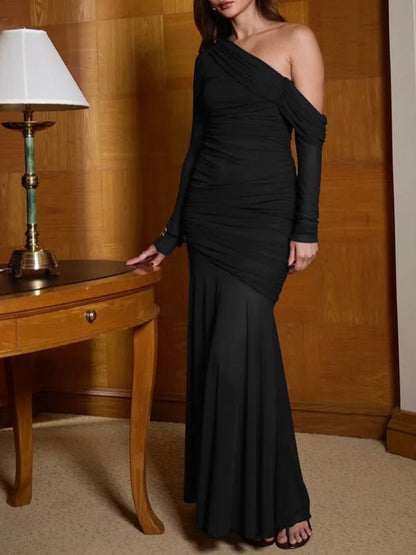 One Shoulder Long Sleeve Ruched Overlay Sheer Skirt Maxi Dress