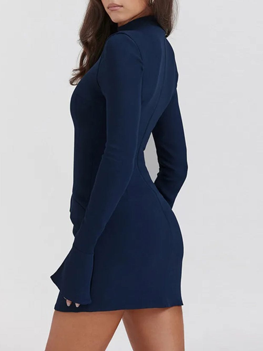 Blue Mock Neck Long Sleeve Architectural Flap Bodycon Mini Dress