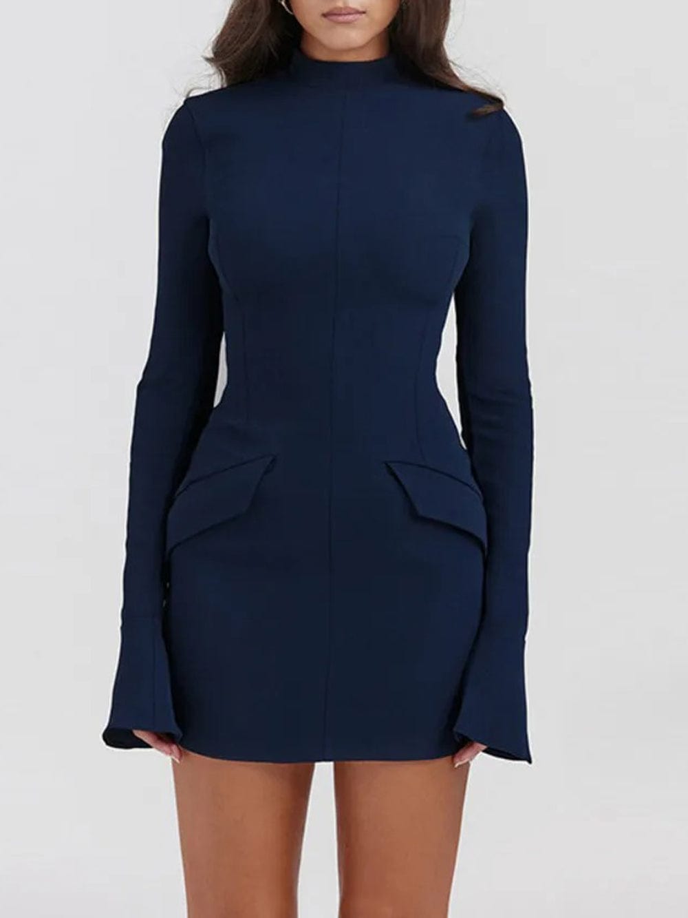 Blue Mock Neck Long Sleeve Architectural Flap Bodycon Mini Dress