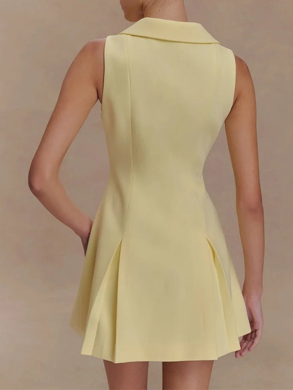 Pointed Collar Metal Button Front Pleated A-Line Mini Dress