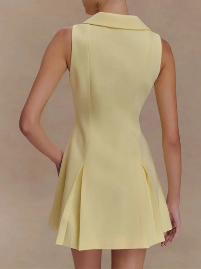 Pointed Collar Metal Button Front Pleated A-Line Mini Dress