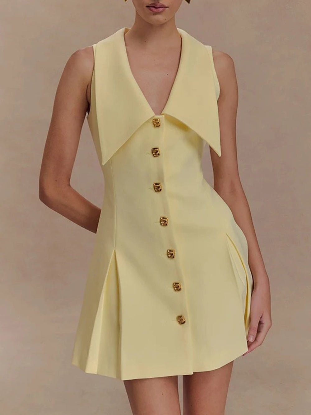 Pointed Collar Metal Button Front Pleated A-Line Mini Dress