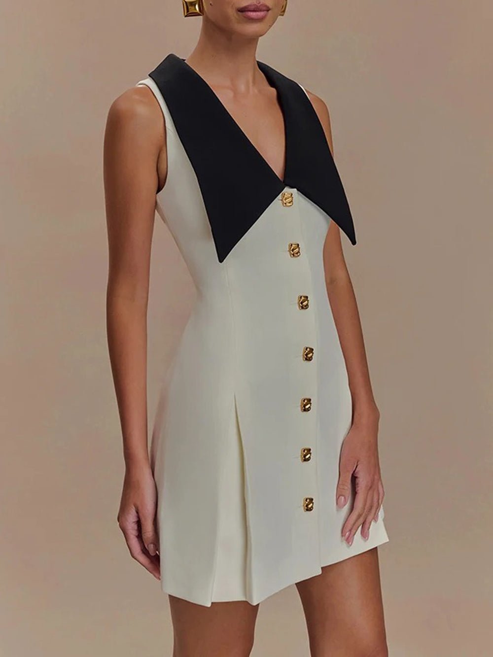 Pointed Collar Metal Button Front Pleated A-Line Mini Dress