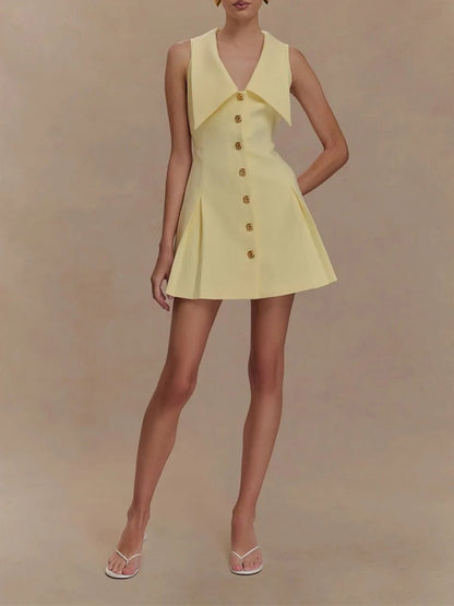 Pointed Collar Metal Button Front Pleated A-Line Mini Dress