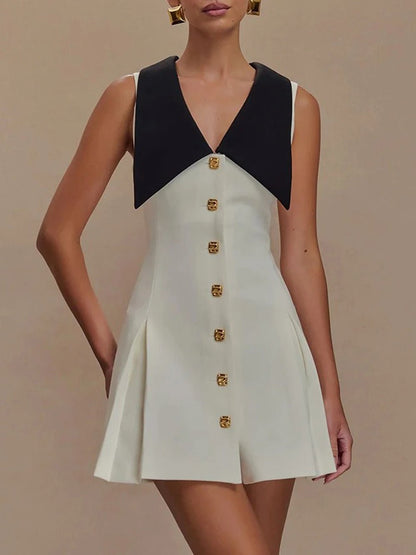 Pointed Collar Metal Button Front Pleated A-Line Mini Dress