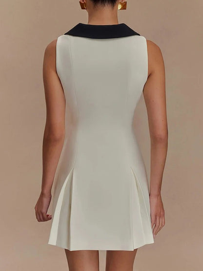 Pointed Collar Metal Button Front Pleated A-Line Mini Dress
