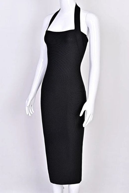 Red Wine Halter Neck Sleeveless Bodycon Midi Dress