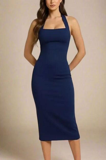 Navy Blue Halter Neck Sleeveless Bodycon Midi Dress