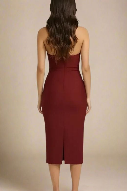 Red Wine Halter Neck Sleeveless Bodycon Midi Dress