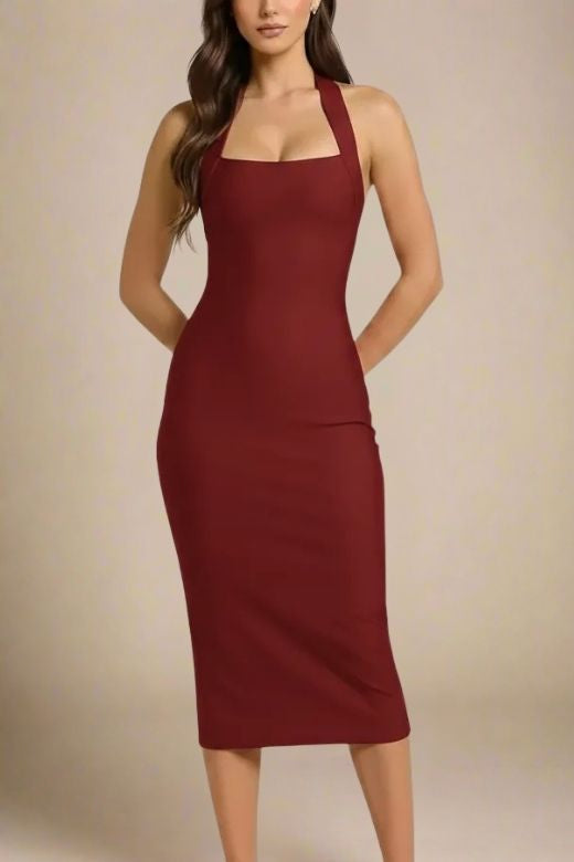 Red Wine Halter Neck Sleeveless Bodycon Midi Dress