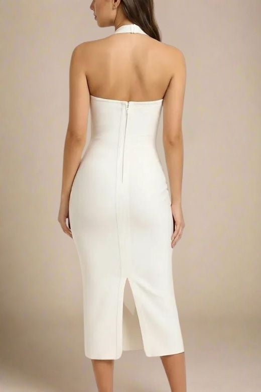 White Pearl Halter Neck Bodycon Midi Dress
