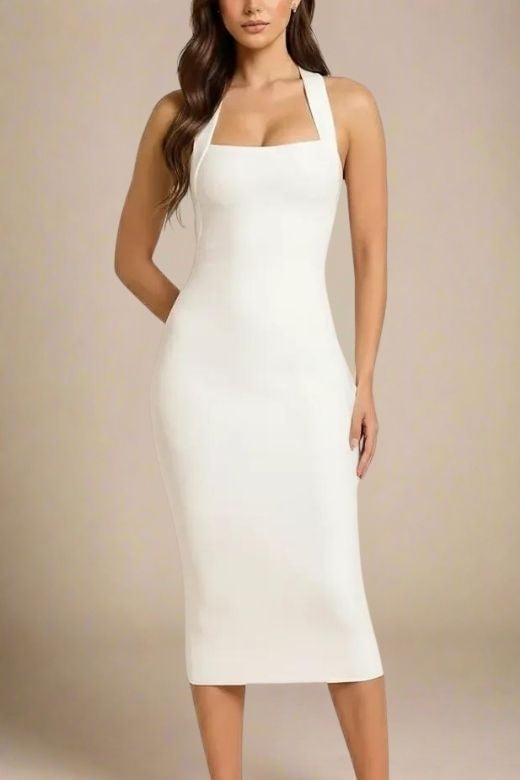 White Pearl Halter Neck Bodycon Midi Dress