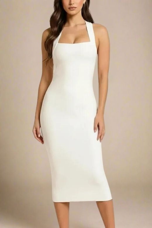 White Pearl Halter Neck Bodycon Midi Dress