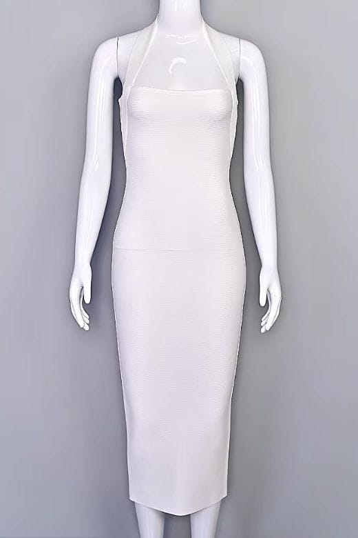 White Pearl Halter Neck Bodycon Midi Dress