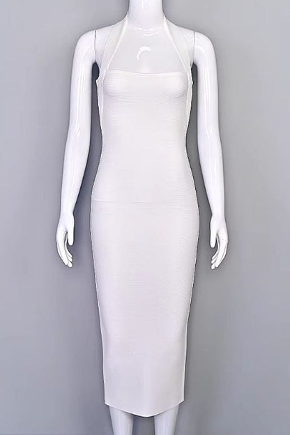 White Pearl Halter Neck Bodycon Midi Dress