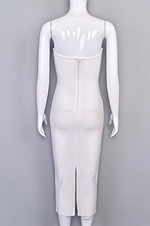 White Pearl Halter Neck Bodycon Midi Dress