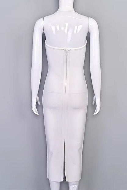 White Pearl Halter Neck Bodycon Midi Dress