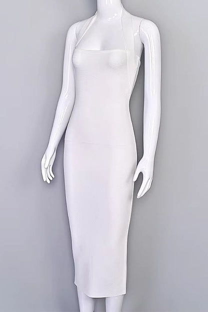 White Pearl Halter Neck Bodycon Midi Dress