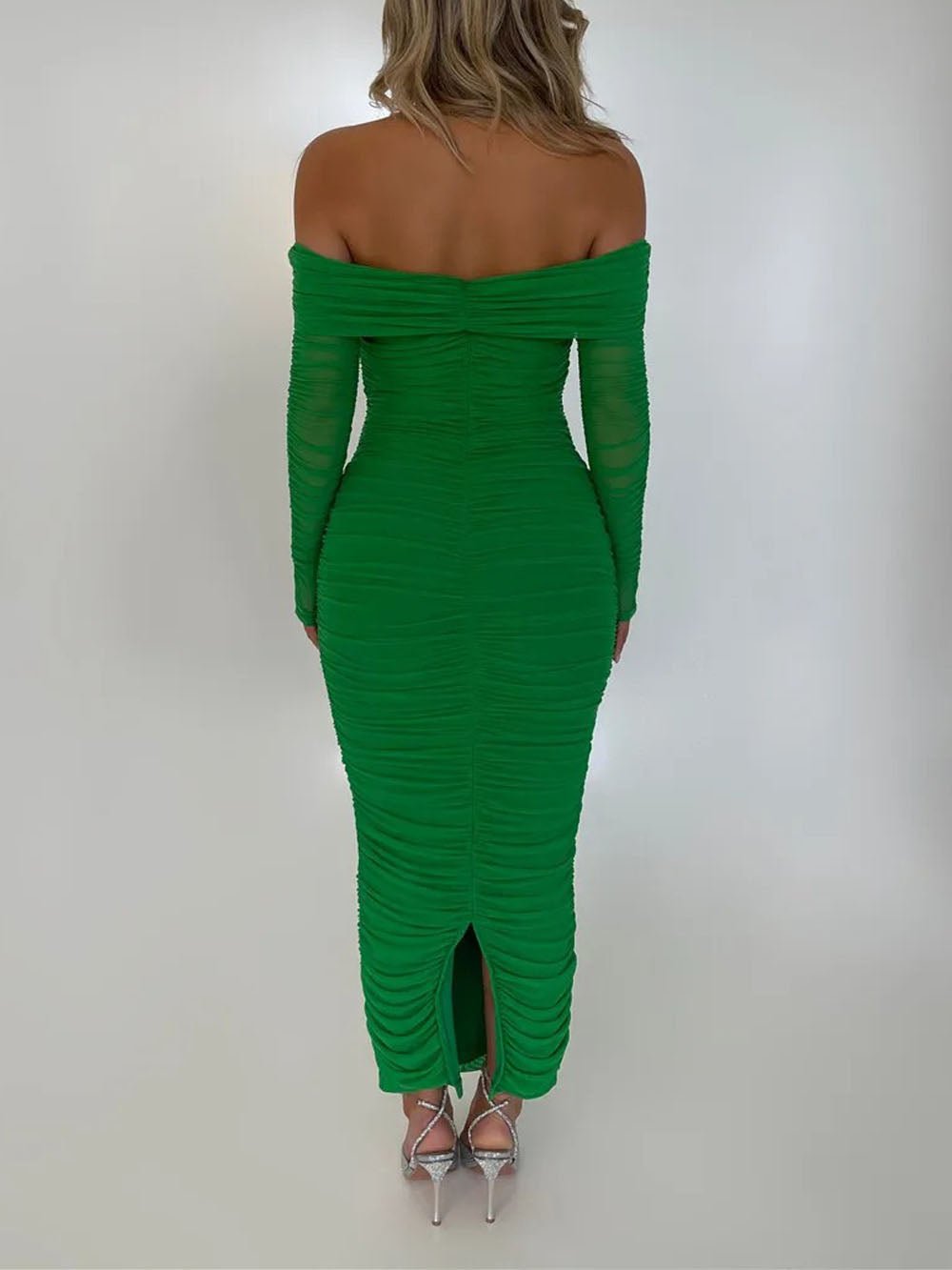 Mesh Off Shoulder Long Sleeve Ruched Bodycon Column Maxi Dress
