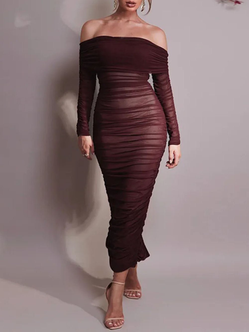 Mesh Off Shoulder Long Sleeve Ruched Bodycon Column Maxi Dress