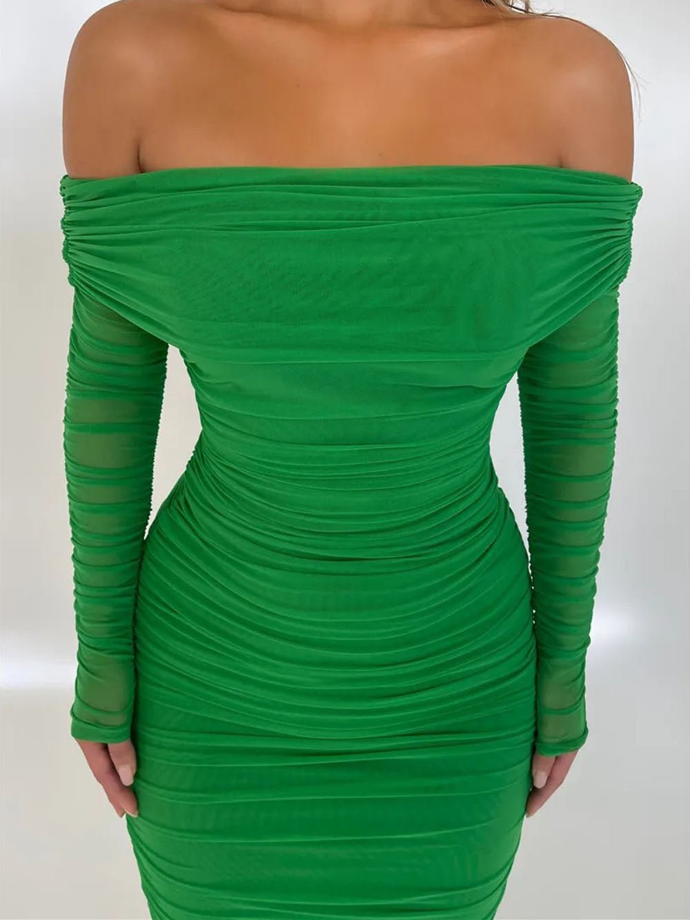 Mesh Off Shoulder Long Sleeve Ruched Bodycon Column Maxi Dress