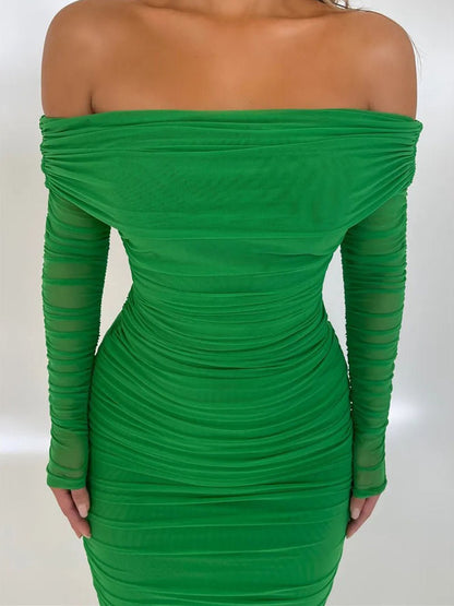 Mesh Off Shoulder Long Sleeve Ruched Bodycon Column Maxi Dress