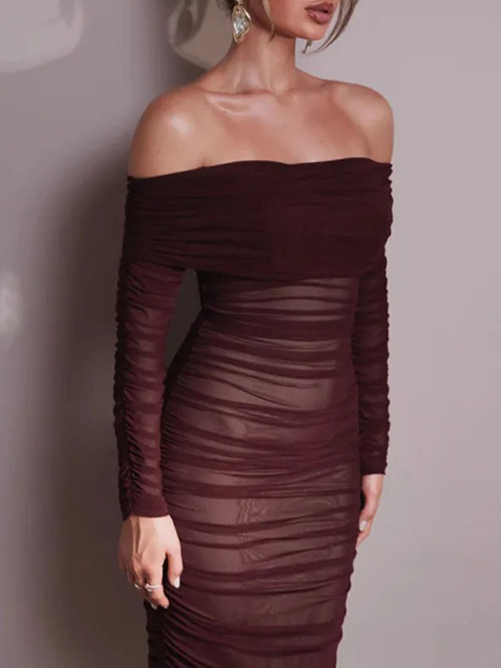 Mesh Off Shoulder Long Sleeve Ruched Bodycon Column Maxi Dress