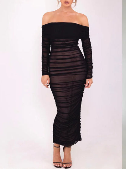 Mesh Off Shoulder Long Sleeve Ruched Bodycon Column Maxi Dress