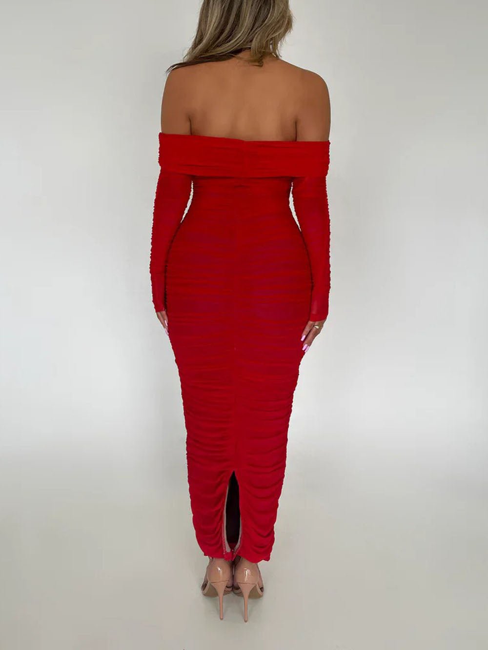 Mesh Off Shoulder Long Sleeve Ruched Bodycon Column Maxi Dress