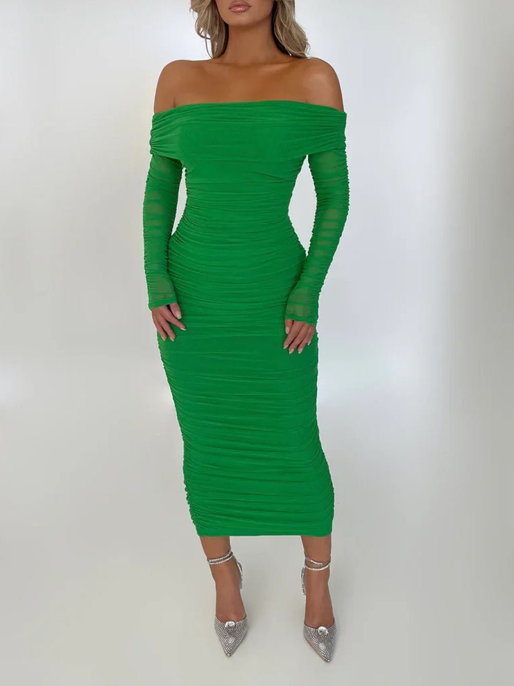 Mesh Off Shoulder Long Sleeve Ruched Bodycon Column Maxi Dress