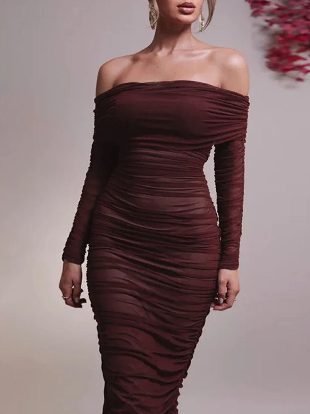 Mesh Off Shoulder Long Sleeve Ruched Bodycon Column Maxi Dress