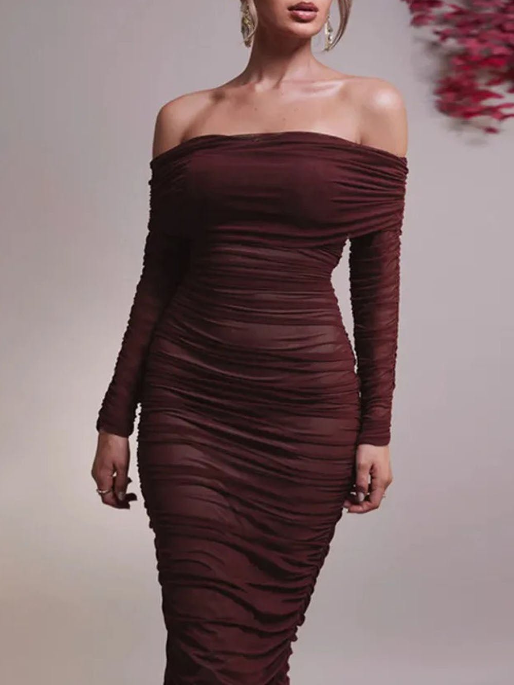Mesh Off Shoulder Long Sleeve Ruched Bodycon Column Maxi Dress