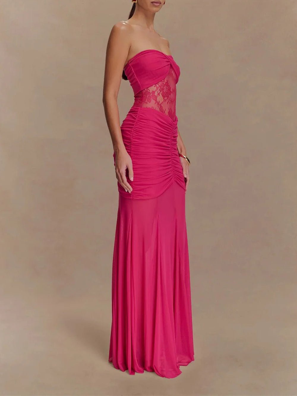 Strapless Sweetheart Lace Panel Ruched Bust Bodycon Maxi Gown