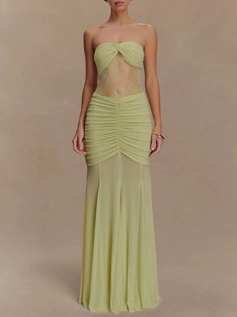 Strapless Sweetheart Lace Panel Ruched Bust Bodycon Maxi Gown
