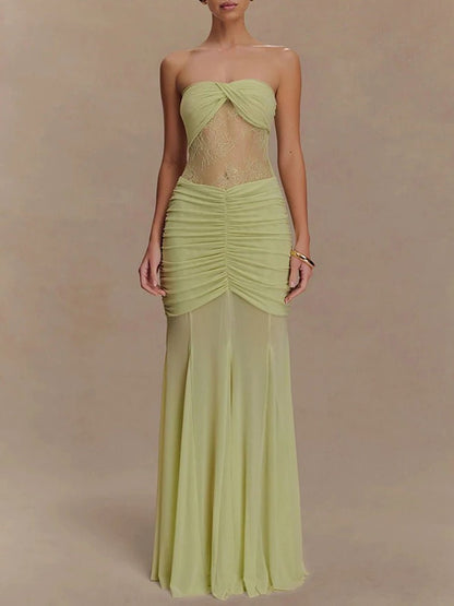 Strapless Sweetheart Lace Panel Ruched Bust Bodycon Maxi Gown